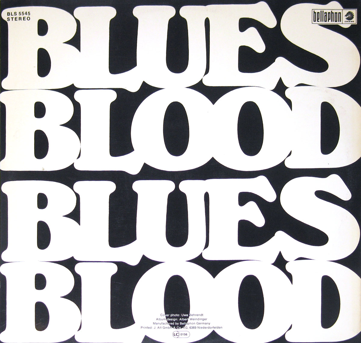 Back cover of the album 'Blues Blood Fathers Sons' featuring repeated bold white typography on a black background with production credits and Bellaphon logo.